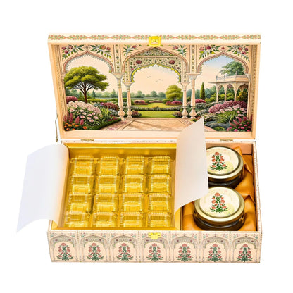 Royal Mughal Garden Luxury Gift Box - Premium Wooden Festive Hamper with Jars & Chocolate Cavity | Grownex Packaging | Hamper Box