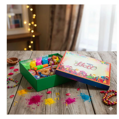 Holi Print Hamper Box 24.9 × 21.6 × 6.35 cm – Beige | Food Safe Kappa Board Gift Box for Sweets & Dry Fruits | Grownex Packaging | Hamper Box
