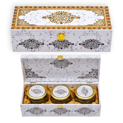 3 Jar White Marble Wooden Box for Dry Fruit and Sweets Packaging | Grownex Packaging | wooden box