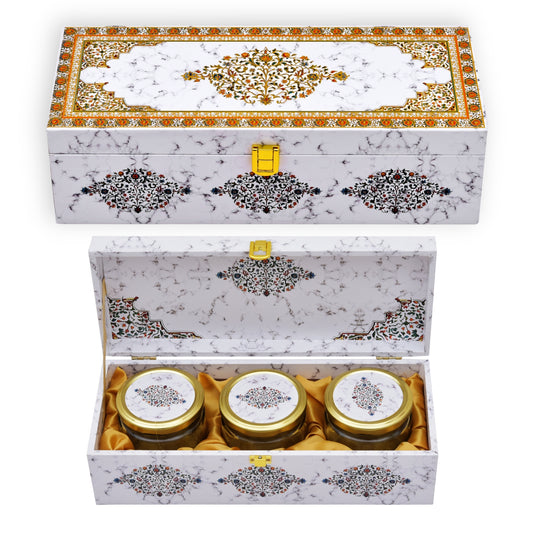 3 Jar White Marble Wooden Box for Dry Fruit and Sweets Packaging | Grownex Packaging | wooden box