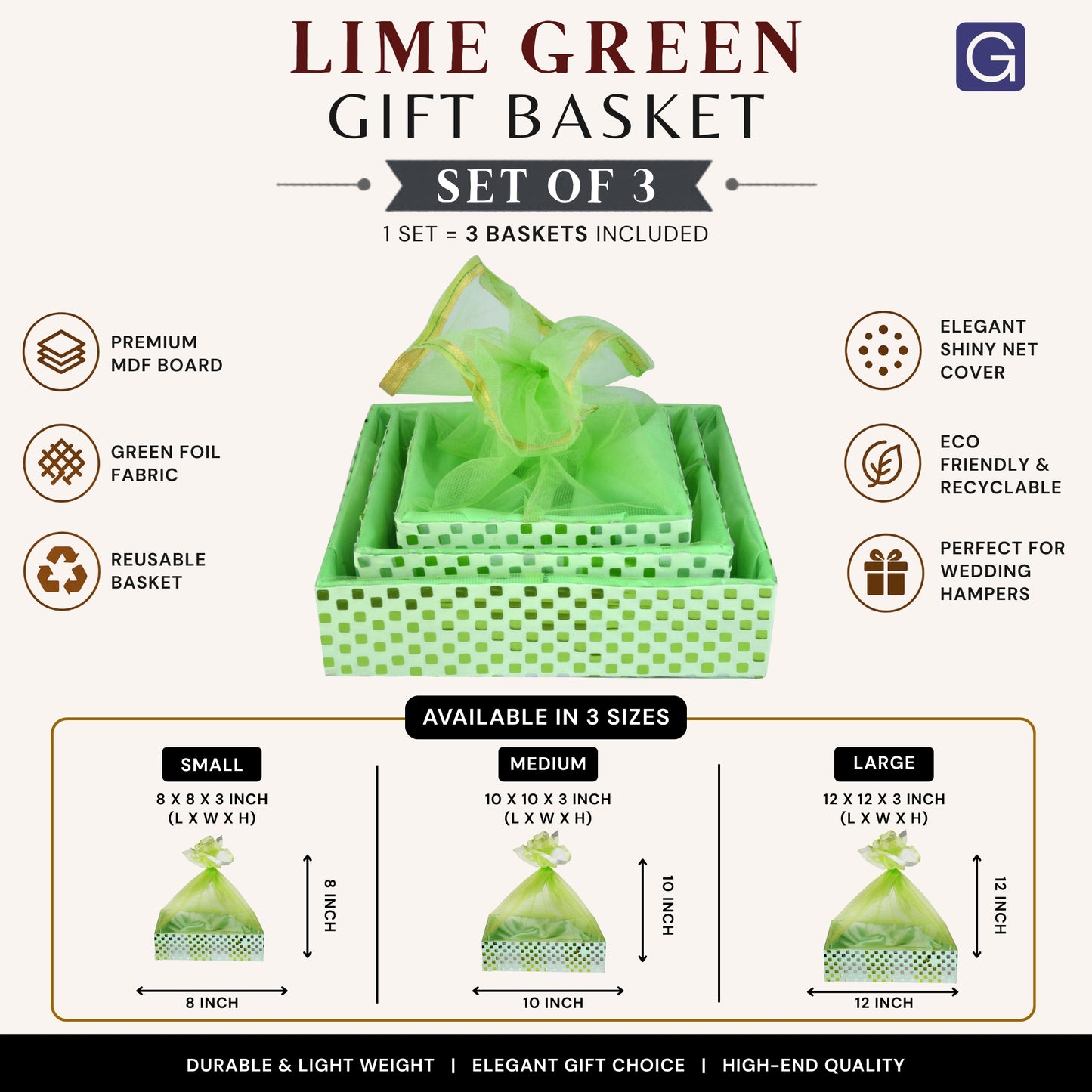 Classic Lime Green Decorative Basket Set of 3 | Festive & Shagun Gift Packaging