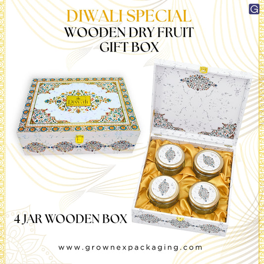 Luxury 4 Jar White Marble Wooden Gift Box | Premium Diwali Dry Fruit Packaging | Grownex Packaging | wooden box