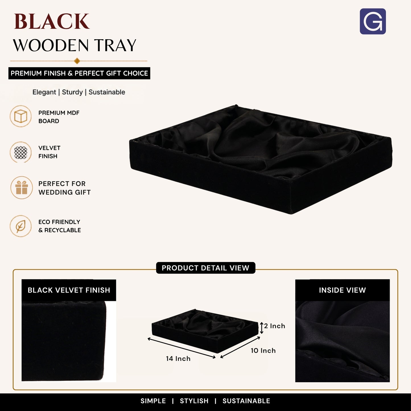 Black Velvet Wooden Tray (14 x 10 x 2 Inches)