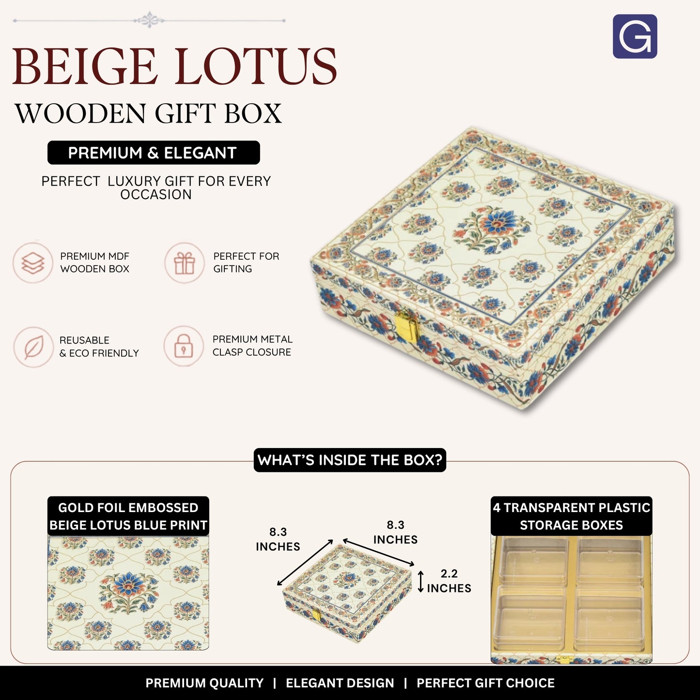 Beige lotus blue wooden box size dimensions view