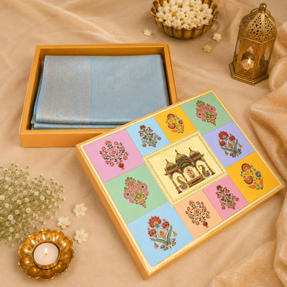 Rajwadi Pooja Theme Foil Print Saree Hamper Box | Wedding Trousseau & Festive Gifting