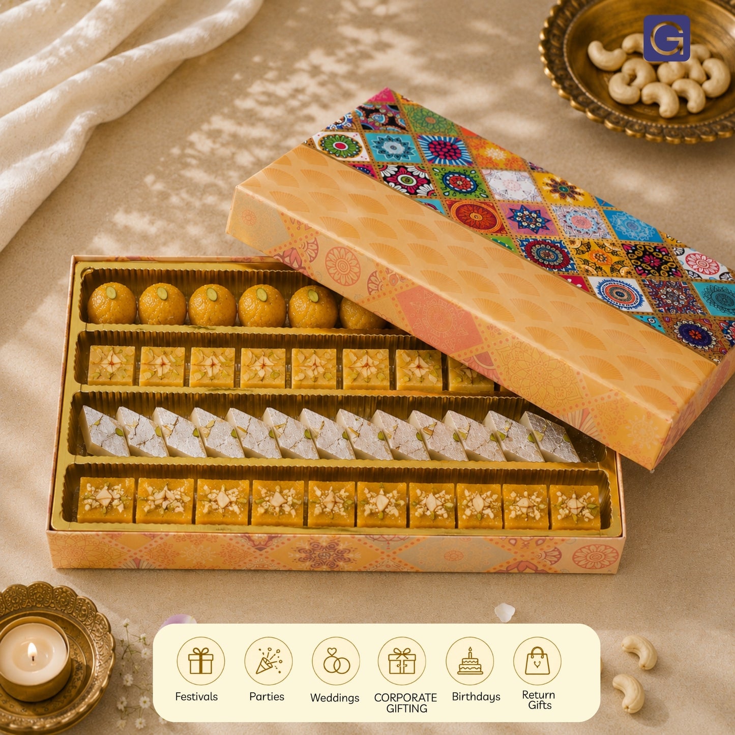 Textured Print 4 Line Sweet Box | 1kg Premium Matte Finish Mithai Gift Box