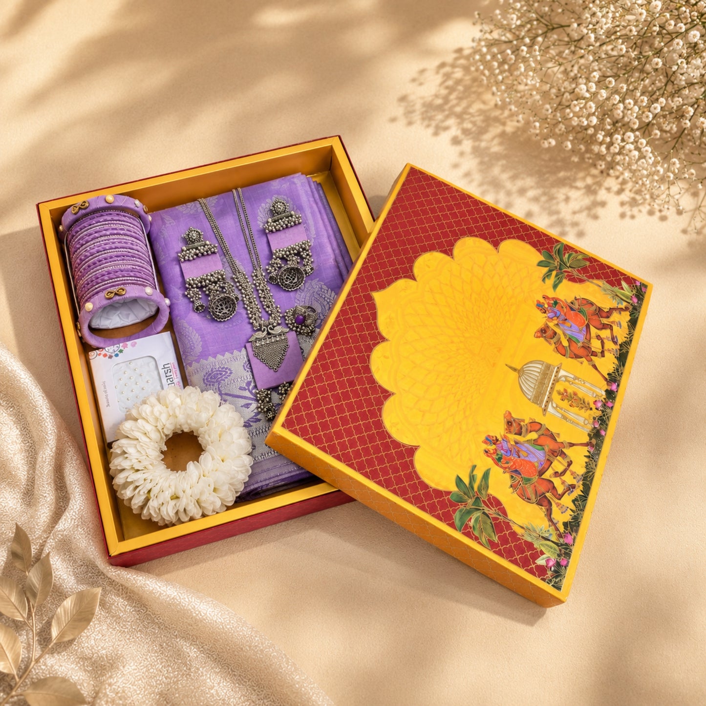 Rajasthani Theme Foil Print Saree & Clothes Hamper Box | Wedding Trousseau & Festive Gift Packaging