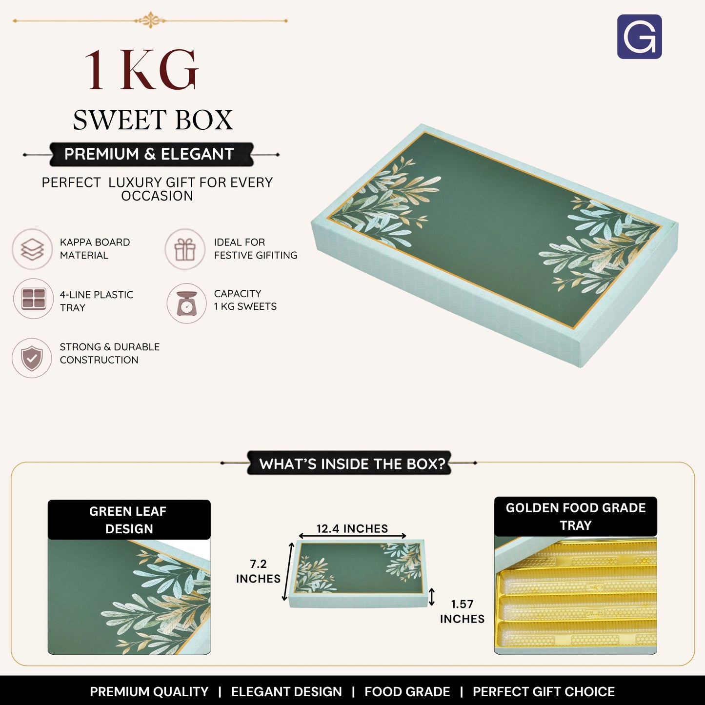 Green Leaf 4 Line Sweet Box | 1kg Premium Mithai Gift Packaging Box