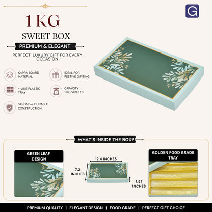 Green Leaf 4 Line Sweet Box | 1kg Premium Mithai Gift Packaging Box