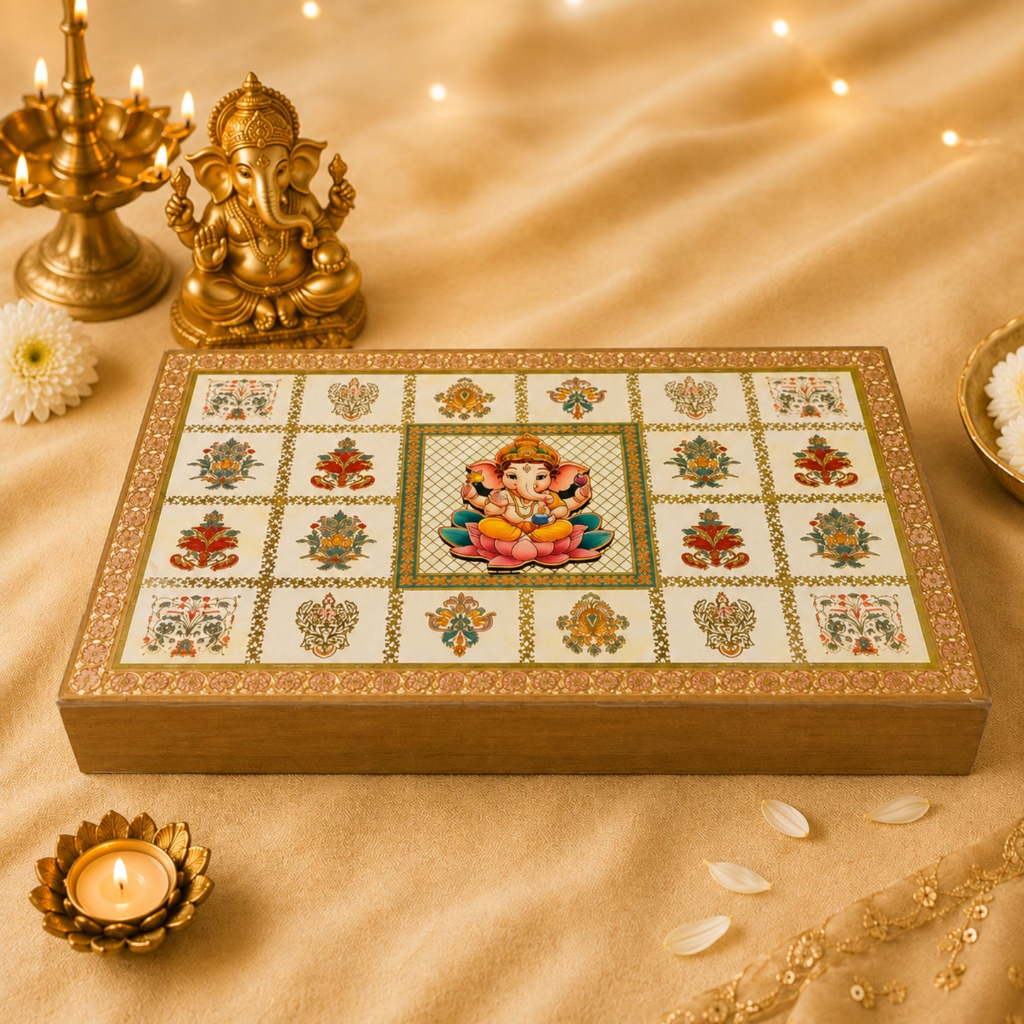 Ganesh Chaturthi Modak Gift Box | Premium Designer Floral Mosaic Ganesha Sweet Box