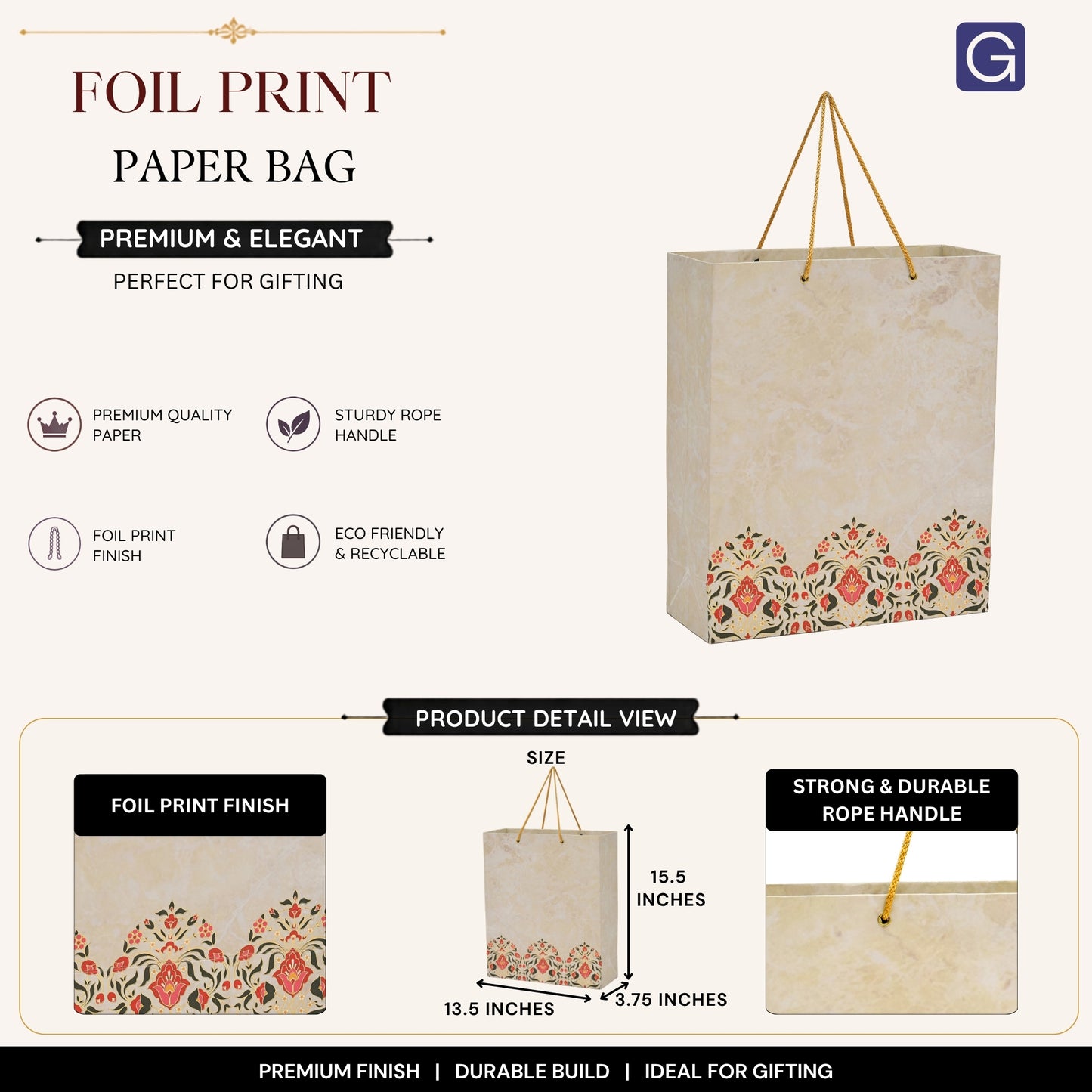 Foil Print Garment Paper Bag 15.5x3.75x13.5 Inch | Wide Fashion Retail & Clothing Brand Packaging