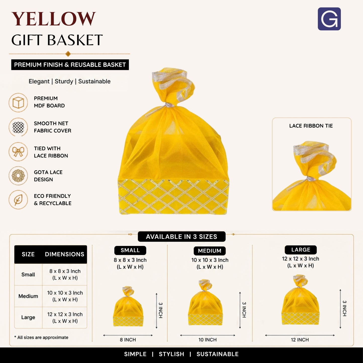 Square Lace Yellow Gift Basket  | Festive & Return Gift Packaging