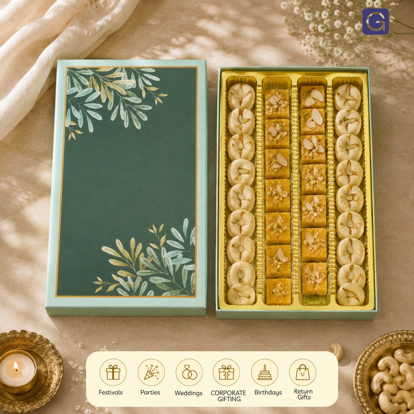 Green Leaf 4 Line Sweet Box | 1kg Premium Mithai Gift Packaging Box