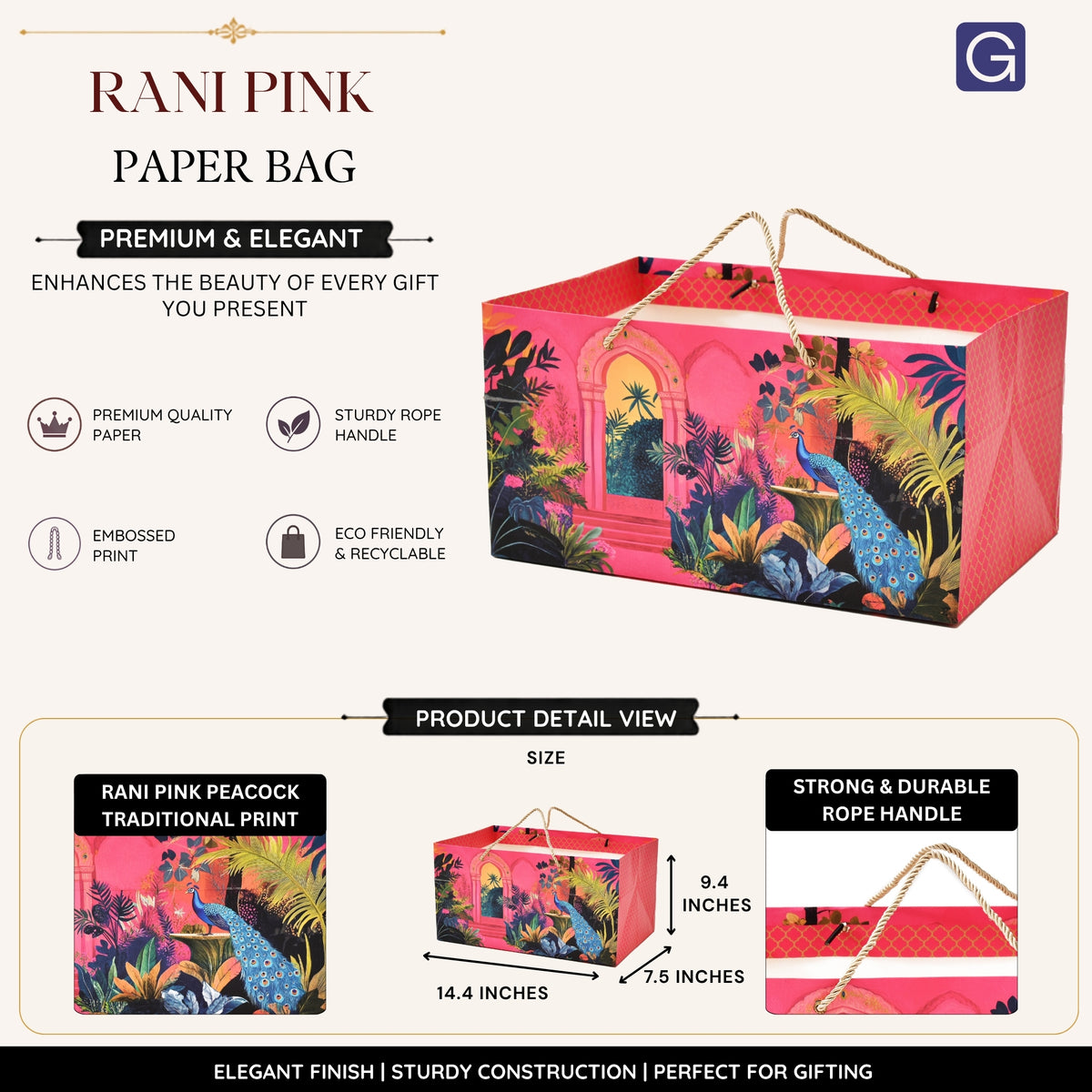 Rani Pink Peacock Printed Paper Gift Bag 14.4 × 9.4 × 7.5 Inch | Luxury Hamper & Gift Packaging