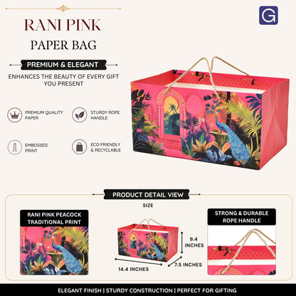 Rani Pink Peacock Printed Paper Gift Bag 14.4 × 9.4 × 7.5 Inch | Luxury Hamper & Gift Packaging