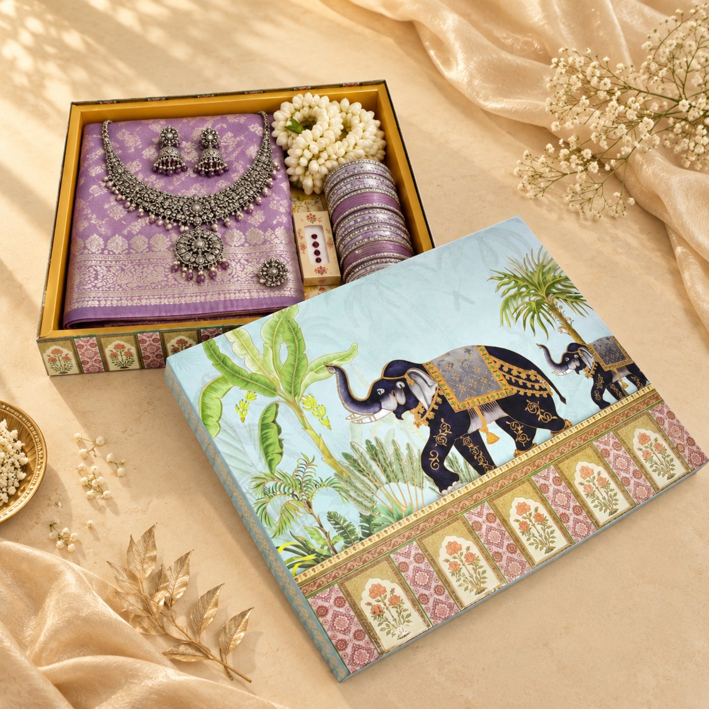 Blue Royal Elephant Foil Print Saree & Clothes Hamper Box | Wedding Trousseau & Festive Gift Packaging