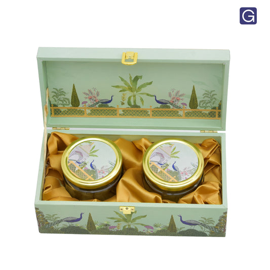 Green Garden Theme Wooden Gift Box with 2 Jars | Premium Dry Fruit Box
