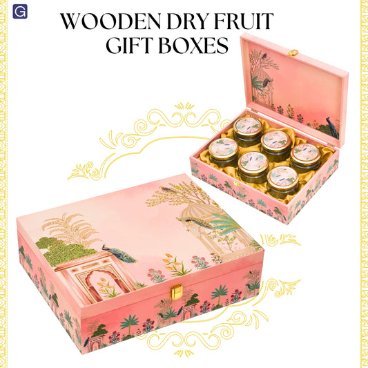 6 Jar Pink Peacock Print Wooden Dry Fruit Gift Box For Festival Gifting | Grownex Packaging | wooden box