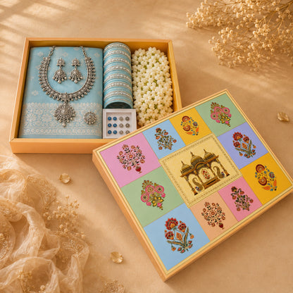 Rajwadi Pooja Theme Foil Print Saree Hamper Box | Wedding Trousseau & Festive Gifting