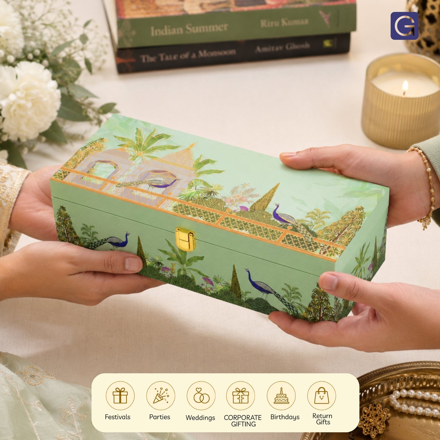 Green Garden Theme Wooden Gift Box with 2 Jars | Premium Dry Fruit Box