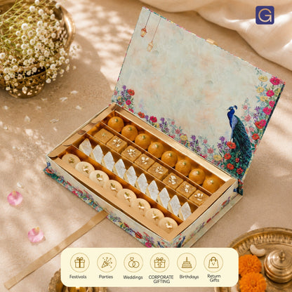 Beige Peacock 4 Line Sweet Box | 1kg Premium File Mithai Gift Packaging Box