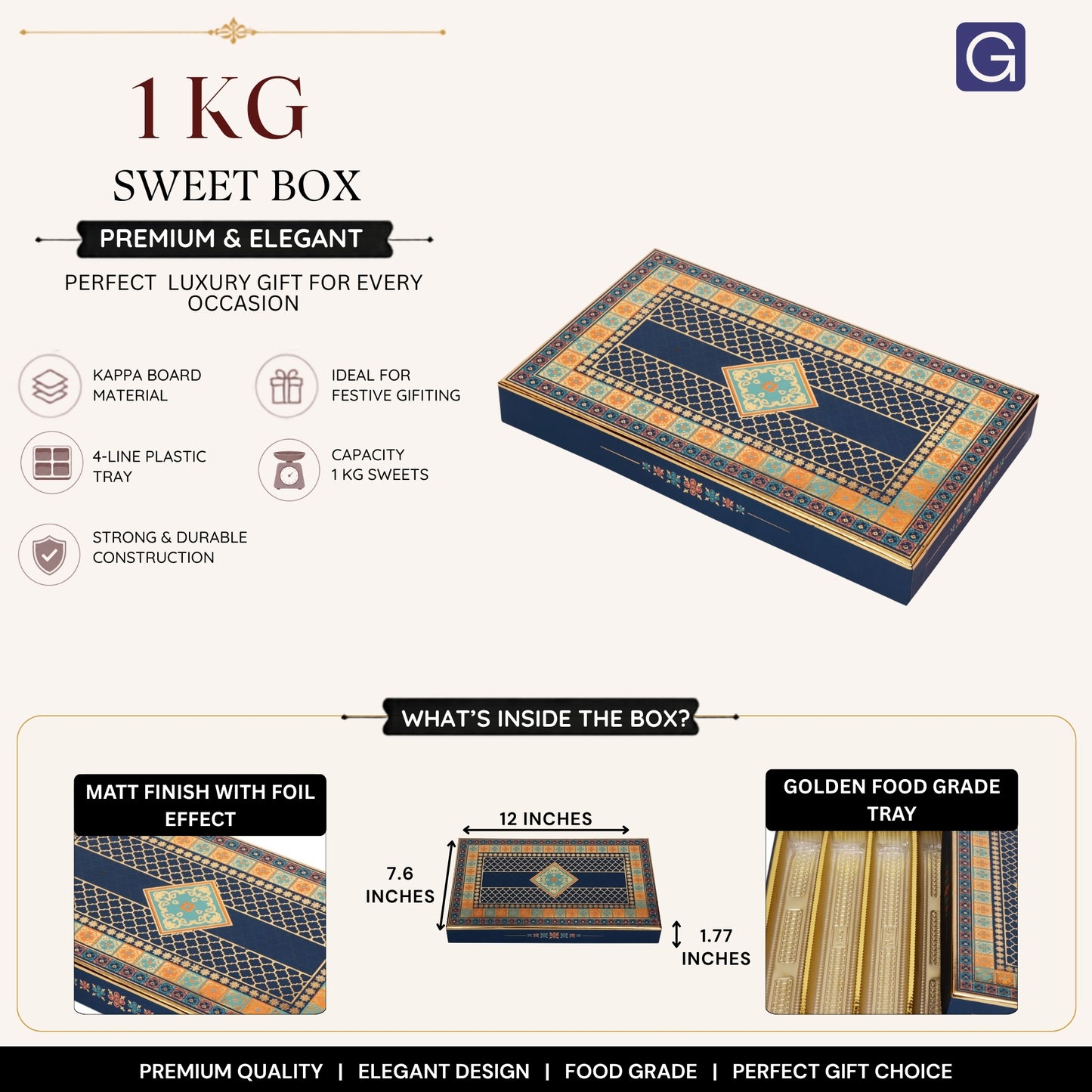 Blue Foil 4 Line Sweet Box | 1kg Premium Matte Finish Mithai Gift Box