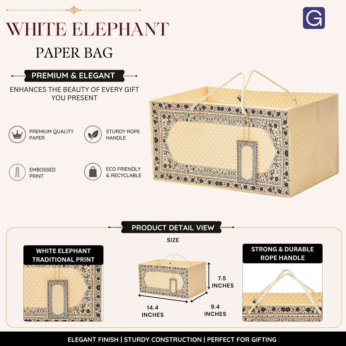 White Elephant Printed Paper Gift Bag 14.4 × 9.4 × 7.5 Inch | Luxury Hamper & Gift Packaging