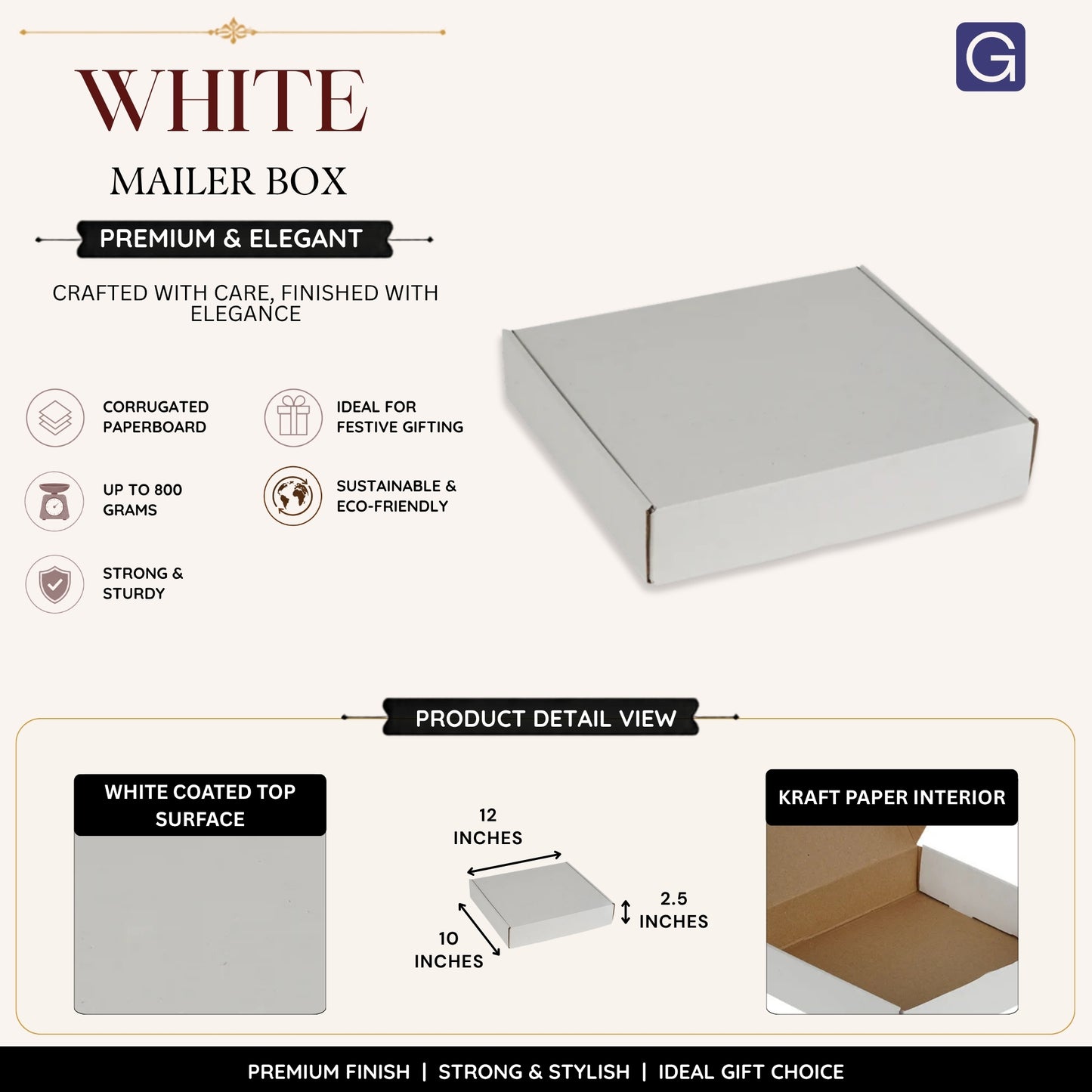 12x10x2.5 Inch White Mailer Box | Corrugated Packaging Box