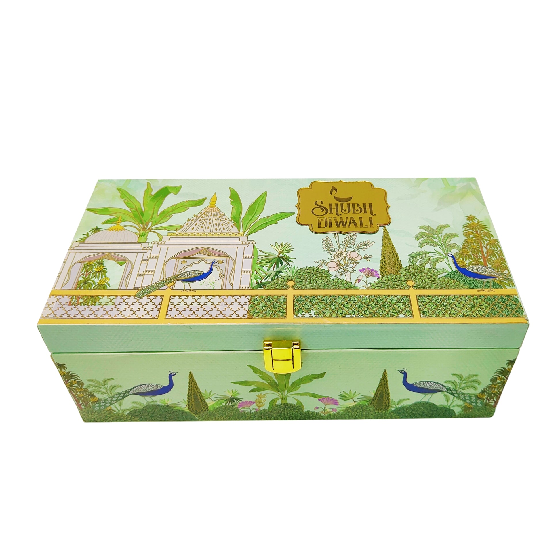 Luxury Peacock Green Garden Wooden Gift Box – 2 Jar Dry Fruit & Sweet Hamper | Diwali & Wedding Gifting | Grownex Packaging | wooden box