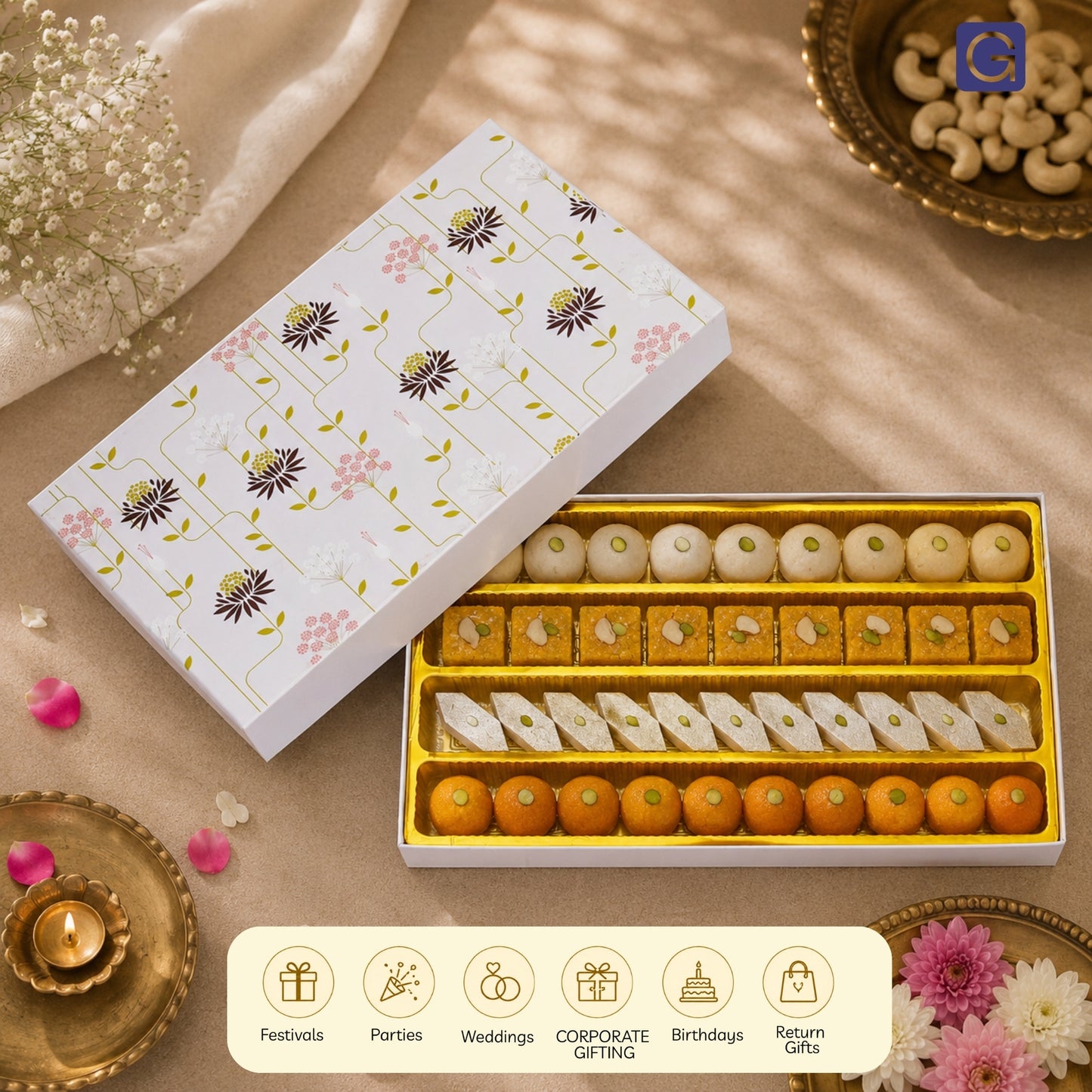 Designer Floral Sweet Packing Box | 1kg Premium Mithai Gift Packaging Box
