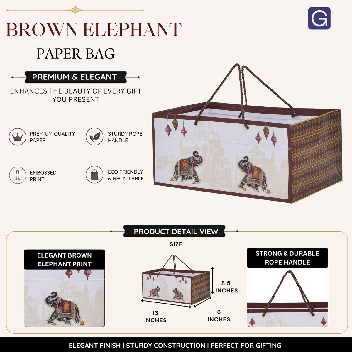 Brown Elephant Print Premium Paper Bag | Premium Gift Shop & Festive Event Packaging