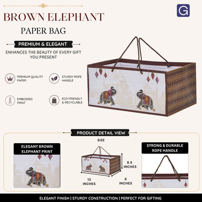 Brown Elephant Print Premium Paper Bag | Premium Gift Shop & Festive Event Packaging