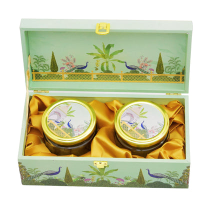 Luxury Peacock Green Garden Wooden Gift Box – 2 Jar Dry Fruit & Sweet Hamper | Diwali & Wedding Gifting | Grownex Packaging | wooden box