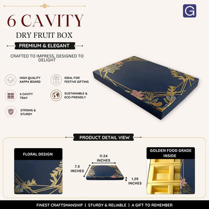 Blue Floral Print 6 Compartment Dry Fruit Box | Premium Elegant Gift & Storage Box