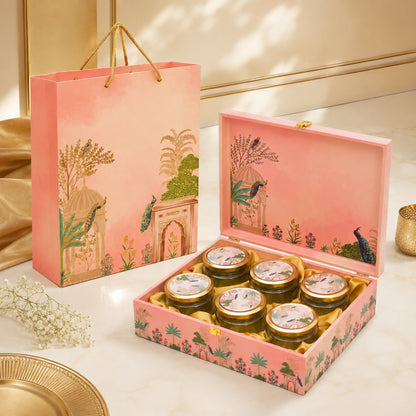 Peacock Garden Wooden Gift Box with Matching Paper Bag – 6 Jar Combo | Luxury Festive Packaging for Celebrations