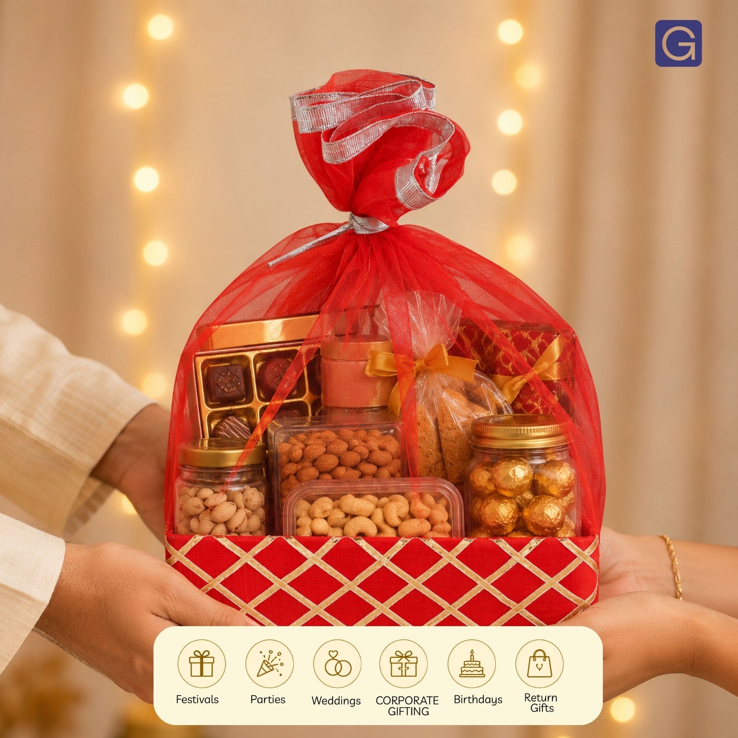 Square Lace Red Gift Basket  | Festive & Return Gift Packaging