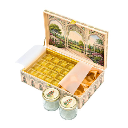 Royal Mughal Garden Luxury Gift Box - Premium Wooden Festive Hamper with Jars & Chocolate Cavity | Grownex Packaging | Hamper Box