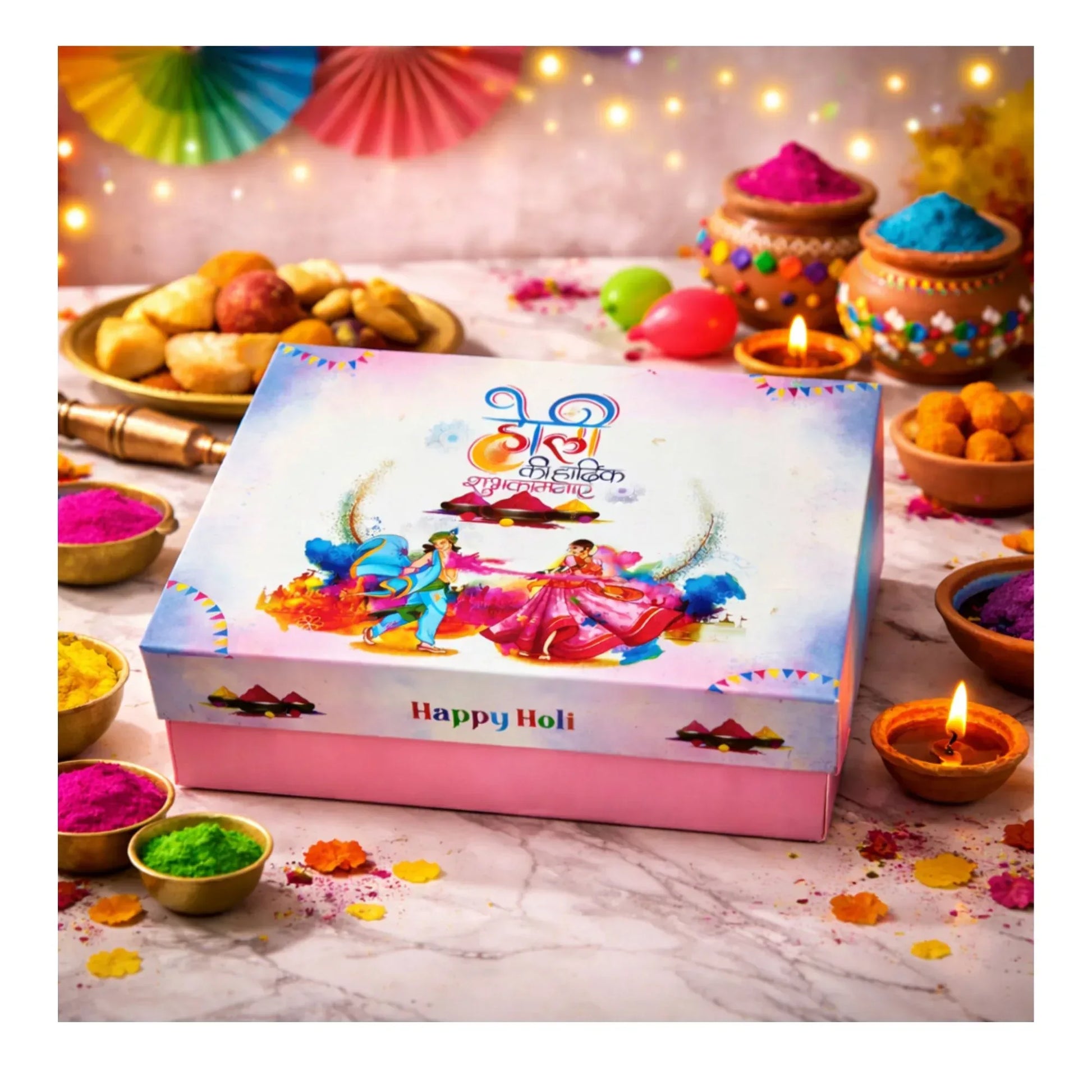 Holi Print Hamper Box 24x18x8 cm – Pink Kappa Board Food Safe Gift Box | Grownex Packaging | Hamper Box
