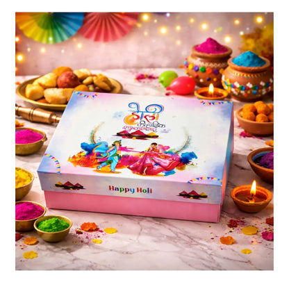 Holi Print Hamper Box 24x18x8 cm – Pink Kappa Board Food Safe Gift Box | Grownex Packaging | Hamper Box