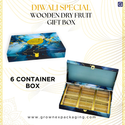 Blue Marble Diwali Gift Box with 6 Compartments – Luxury Festive Hamper | Grownex Packaging | wooden box