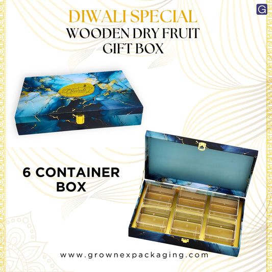 Blue Marble Diwali Gift Box with 6 Compartments – Luxury Festive Hamper | Grownex Packaging | wooden box