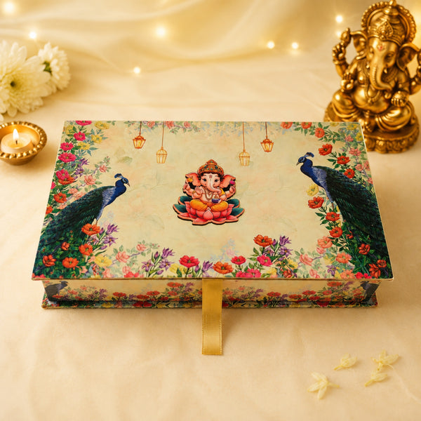 Beige Peacock Ganesha Sweet Box | 1kg Premium Modak & Festive Gift Packaging
