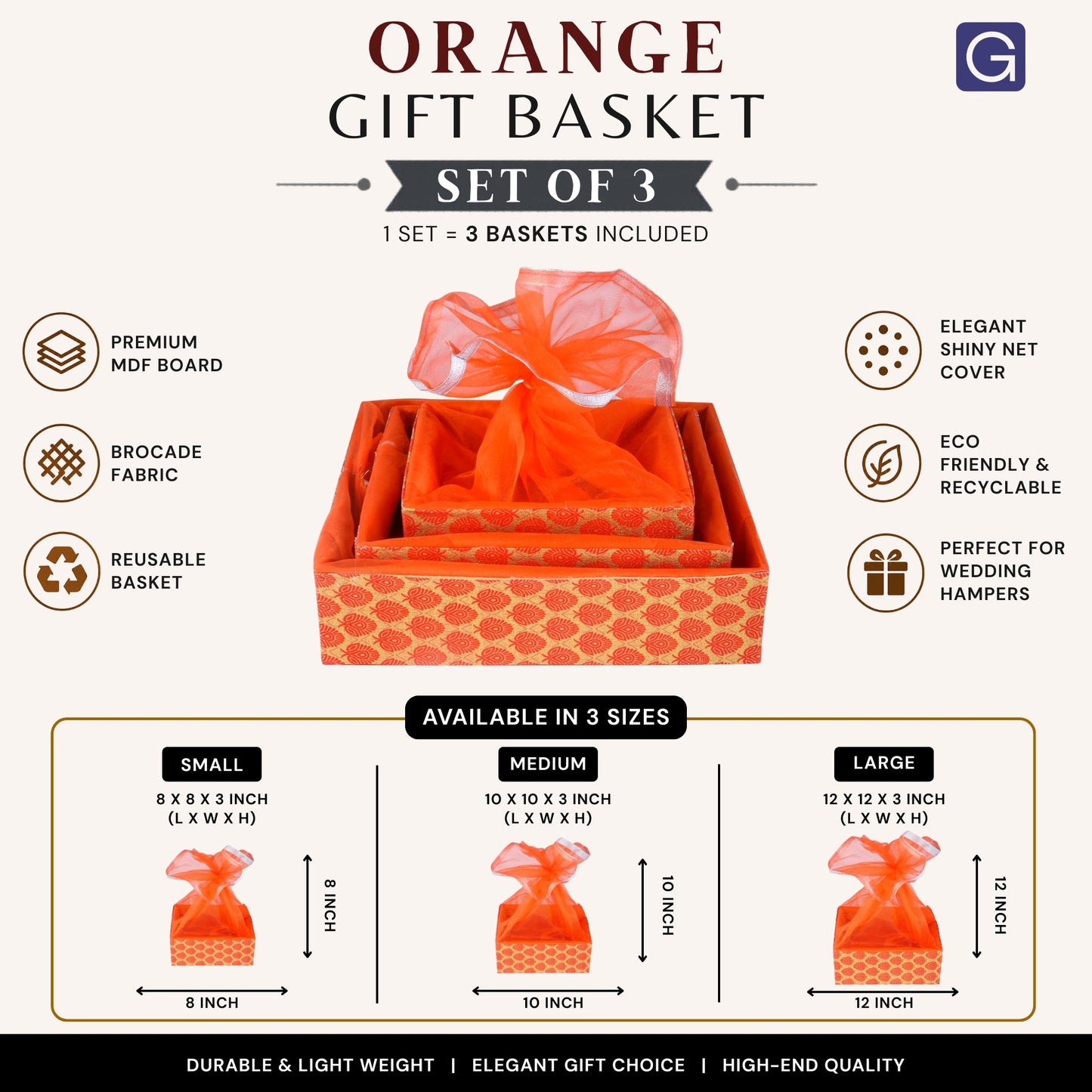 Floral Orange Decorative Gift Basket Set of 3 | Reusable Hamper Basket for Return Gifts