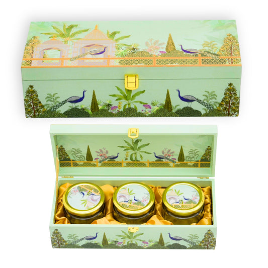 Festive Wooden Box for Dry Fruit Gifting With 3 Jar Green Garden Theme | Grownex Packaging | wooden box