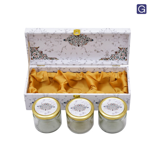White Marble Wooden Hamper Box with 3 Jars | Corporate & Festive Gifting