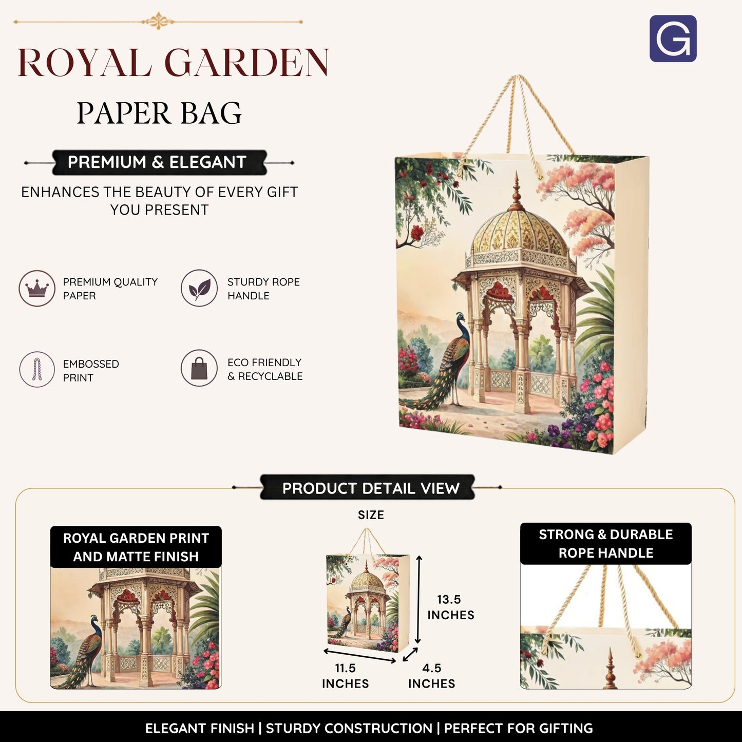 Royal Garden Print Matte Paper Bag with Handle 11.5 x 4.5 x 13.5 Inch for Hampers & Gifting