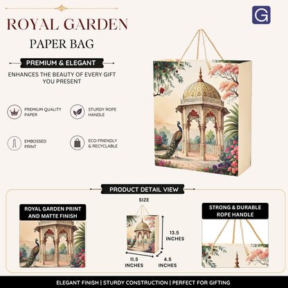 Royal Garden Print Matte Paper Bag with Handle 11.5 x 4.5 x 13.5 Inch for Hampers & Gifting