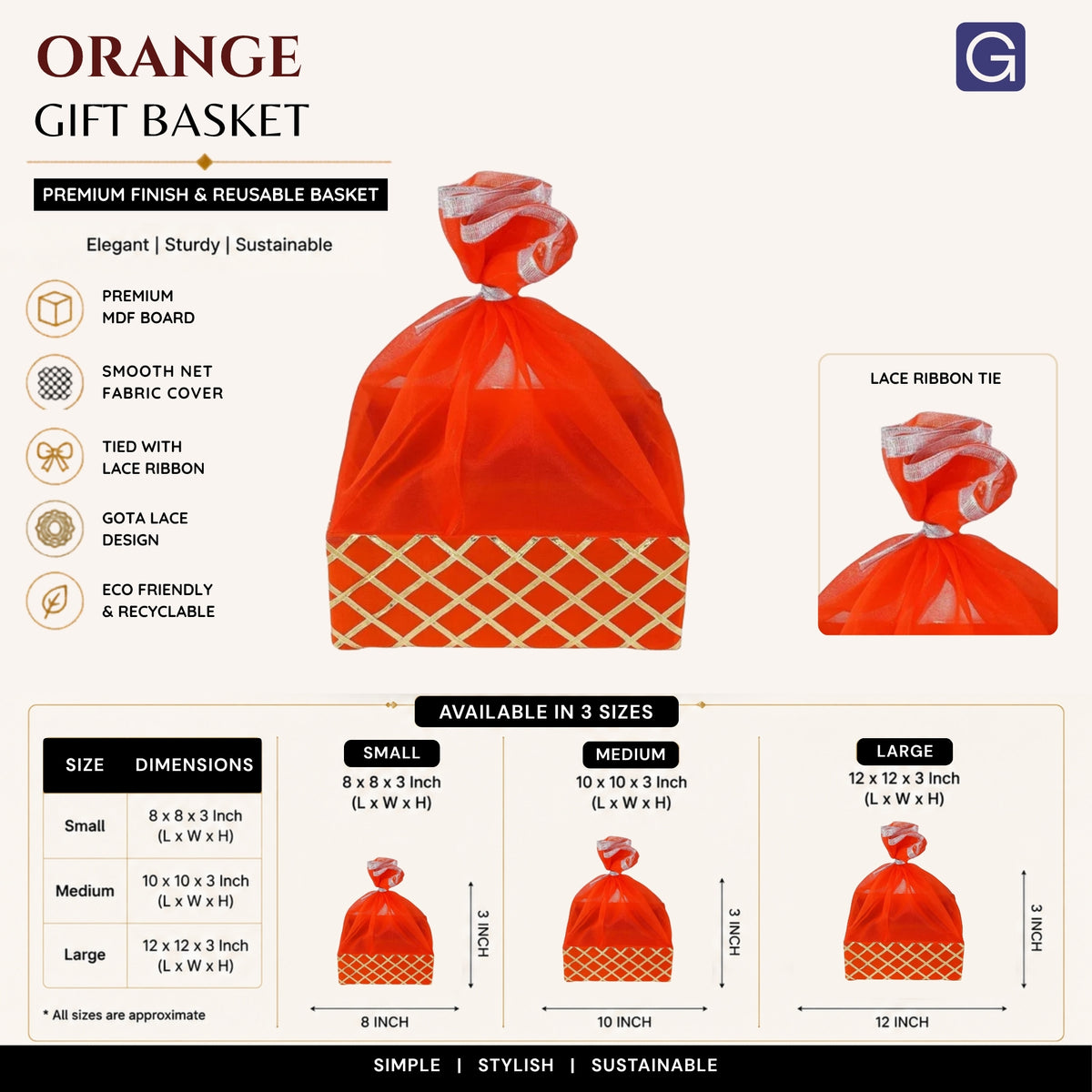 Square Lace Orange Decorative Basket Gift Basket - Open Box View