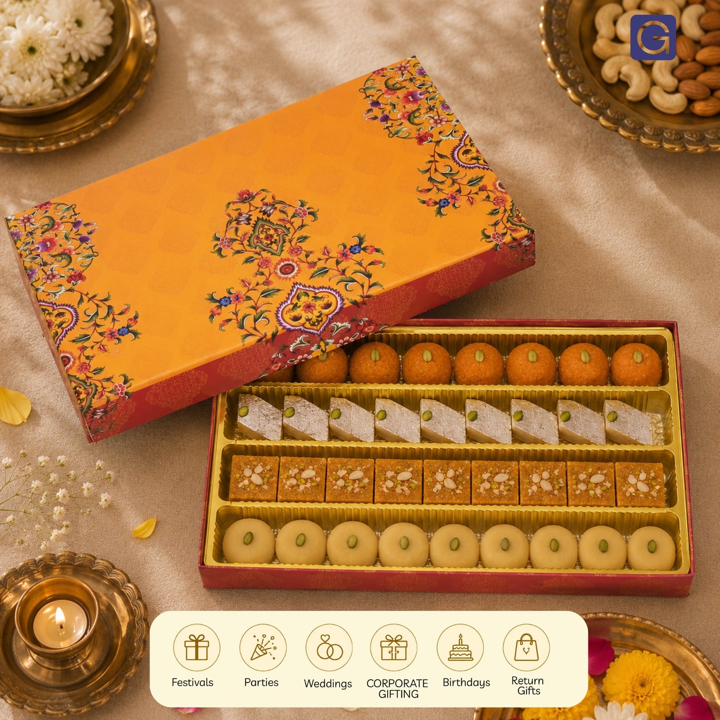 Yellow Leaf 4 Line Sweet Box | 1kg Premium Mithai Gift Packaging Box