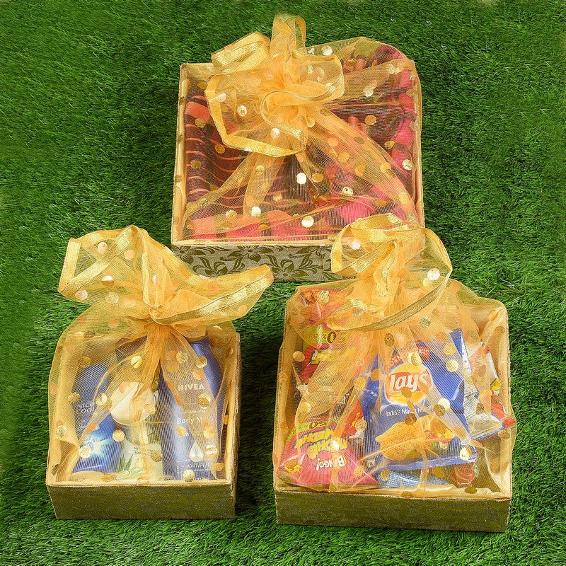 Set of 3 Golden Jute Gift Hamper Basket | Grownex Packaging | Basket & Tray